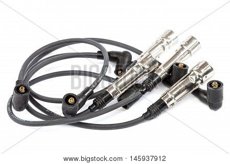 Car high voltage wires isolated on a white background.