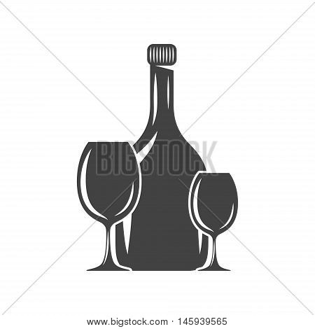 Bottle and two glasses. Black icon logo element flat vector illustration isolated on white background.
