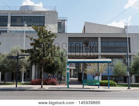 Thessaloniki, Greece - September 04 2016: Thessaloniki City Hall public bus stop. Public bus stop at the entrance of Thessaloniki City Hall, on Leoforos Vasileos Georgiou 1.