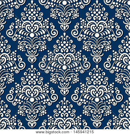 Seamless old style vintage background. Classic style texture for textile, fabric, scrap paper, background, etc. White ornament with shadow on dark blue background.