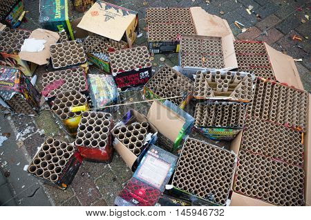 OLDENZAAL NETHERLANDS - JANUARY 1 2016: Remnants of fireworks at a waste collection point the day after the traditional new years celebration