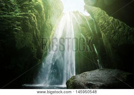  Gljufrabui waterfalls inside a cave, Iceland
