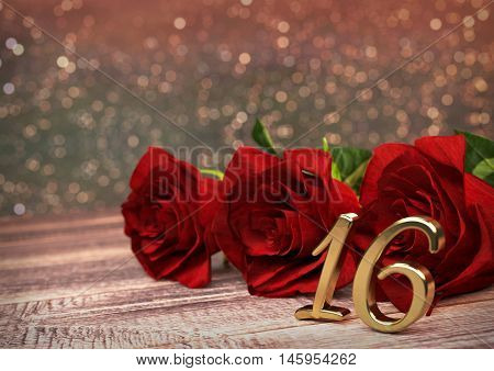 birthday concept with red roses on wooden desk. 3D render - sixteenth birthday. 16th