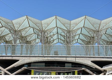 LISBON, PORTUGAL - AUG 21: Lisbon Oriente Station in Portugal, as seen on Aug 21, 2016. It is one of the main Portuguese intermodal transport hubs and one of the worlds largest rail stations.