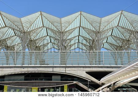 LISBON, PORTUGAL - AUG 21: Lisbon Oriente Station in Portugal, as seen on Aug 21, 2016. It is one of the main Portuguese intermodal transport hubs and one of the worlds largest rail stations.