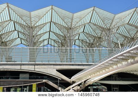 LISBON, PORTUGAL - AUG 21: Lisbon Oriente Station in Portugal, as seen on Aug 21, 2016. It is one of the main Portuguese intermodal transport hubs and one of the worlds largest rail stations.