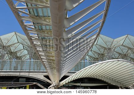 LISBON, PORTUGAL - AUG 21: Lisbon Oriente Station in Portugal, as seen on Aug 21, 2016. It is one of the main Portuguese intermodal transport hubs and one of the worlds largest rail stations.