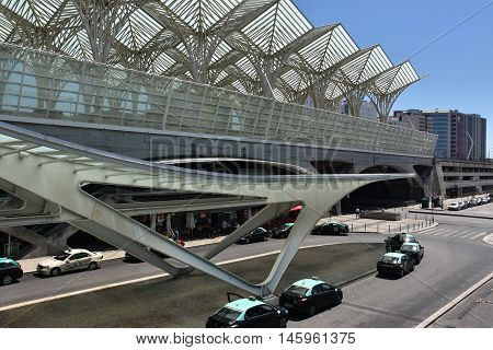 LISBON, PORTUGAL - AUG 21: Lisbon Oriente Station in Portugal, as seen on Aug 21, 2016. It is one of the main Portuguese intermodal transport hubs and one of the worlds largest rail stations.