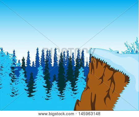 The Steep ravine and wood coated by snow.Vector illustration