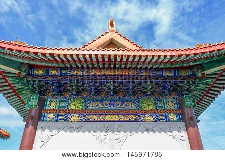Chinese temple in the morning with cloudy skies in sunshine day