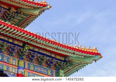 Chinese temple in the morning with cloudy skies in sunhine day