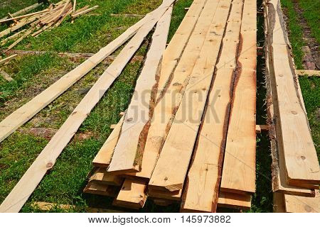 Set of Stacked wood pine timber for construction buildings and furniture production
