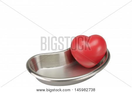 Red Heart In Stainless Steel Kidney-shaped Bowl Isolated