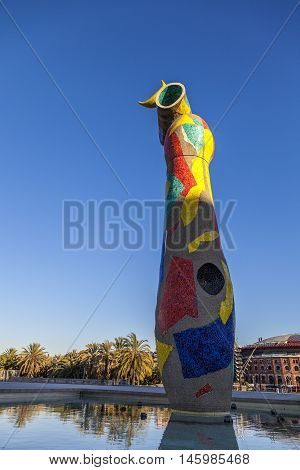 Barcelona Spain - February 2 2014: Sculpture of Miro in Barcelona in Catalonia Spain