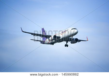 CHIANGMAI THAILAND - SEPTEMBER 4 2016: HS-TXM Airbus A320-200 of Thaismile airway. Landing to Chiangmai airport from Bangkok.