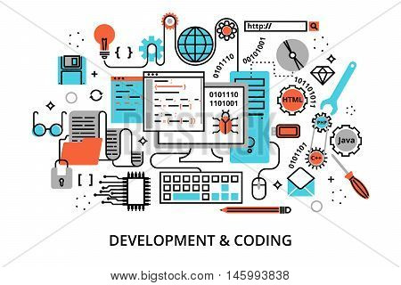 Modern flat editable line design vector illustration concept of programming development software and coding process for graphic and web design