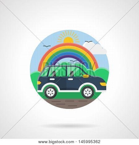 Blue empty car rides on a road with a colorful rainbow and sun on a background. Mode of transportation. Urban transport, vehicles for people. Round detailed flat color style vector icon.