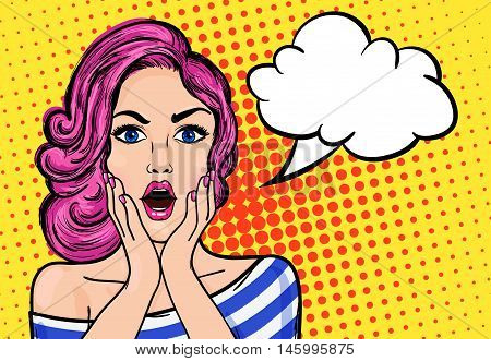 Pop art surprised woman with open mouth on a yellow vintage background. Vector illustration with bubble for text