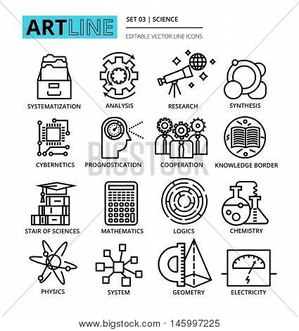 Modern editable line vector illustration set of science icons for graphic and web design