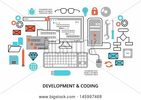 Modern flat editable line design vector illustration concept of programming development software and coding process for graphic and web design