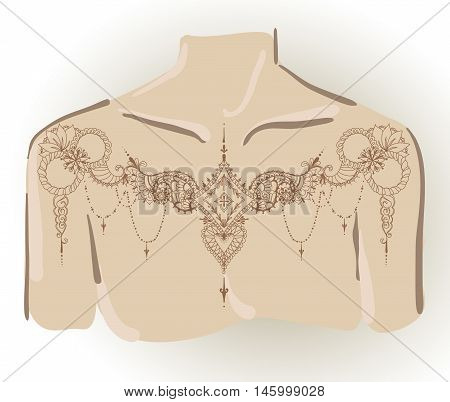 Template for tattoo design on collarbones with mehndi elements. Floral ornament. Islam arabic indian ottoman motifs. Vector illustration.