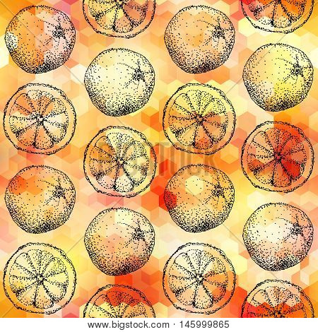 Seamless background pattern. Sketches of a orange on a geometric background