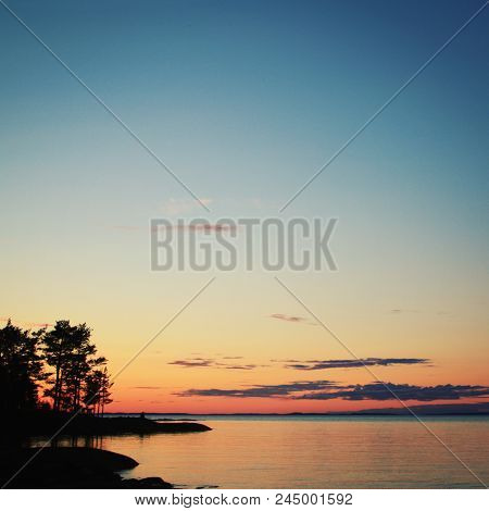 Wild Nature Of Russian North. Vintage Photo. Beautiful Northern Landscape. Ladoga Lake At Sunset. Ag