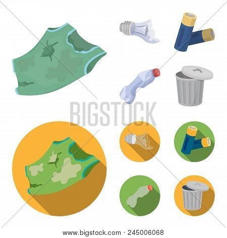 Broken Light Bulb, Used Batteries, Breaking A Plastic Bottle, Garbage Can With A Sign.garbage And Tr