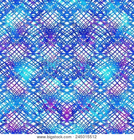 Seamless Pattern Brush Stripes Plaid. Blue Color On White Background. Hand Painted Grange Texture. I