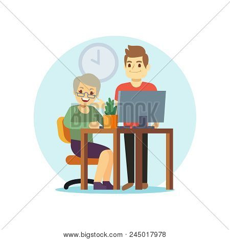 Young Man And Old Woman Computer. Grangma And Grandson And Modern Technologies. Vector Illustration