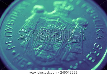 Serbian Coin Dinar Macro View. Serbia Money Currency, Rsd.