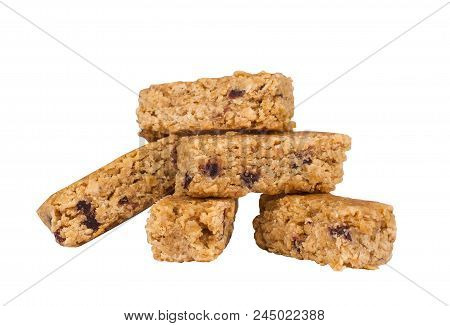 Front View Closeup Of Five Cereal Granola Bar With Nuts And Fruit Berries Isolated On White Backgrou