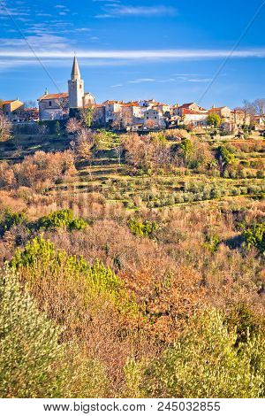 Idyllic Hill Village Of Groznjan Panoramic View, Landscape And Architecture Of Istria, Croatia