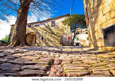 Cobbled Village Of Groznjan On Istrian Hill Street View, Istria Region Of Croatia