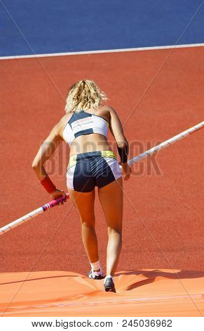 Stockholm, Sweden - Jun 10, 2018: Closeup Of Angelica Bengtsson In The Pole Vault Competition In Iaa