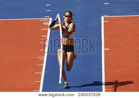 Stockholm, Sweden - Jun 10, 2018: Angelica Bengtsson Running In The Pole Vault Competition In Iaaf D