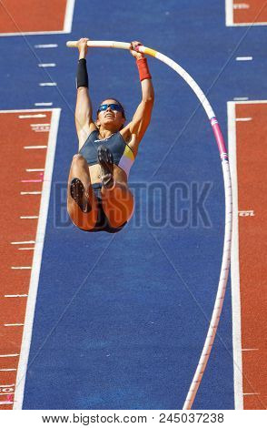 Stockholm, Sweden - Jun 10, 2018: Angelica Bengtsson Jumping In The Pole Vault Competition In Iaaf D