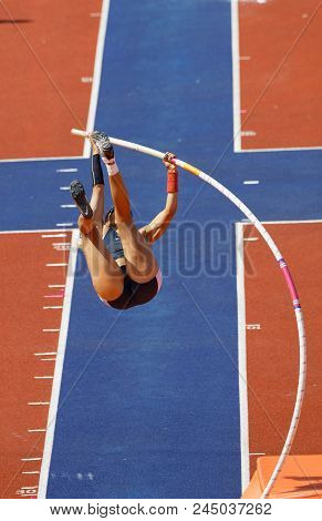 Stockholm, Sweden - Jun 10, 2018: Angelica Bengtsson Jumping In The Pole Vault Competition In Iaaf D