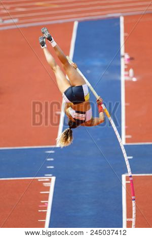 Stockholm, Sweden - Jun 10, 2018: Angelica Bengtsson Jumping In The Pole Vault Competition In Iaaf D