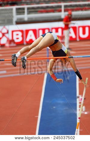 Stockholm, Sweden - Jun 10, 2018: Angelica Bengtsson Jumping In The Pole Vault Competition In Iaaf D