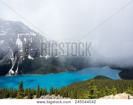 View From Bow Summit Of Peyto Lake In Banff National Park, Alberta, Canada.