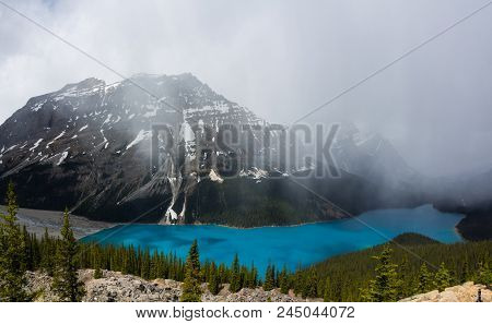 View From Bow Summit Of Peyto Lake In Banff National Park, Alberta, Canada.