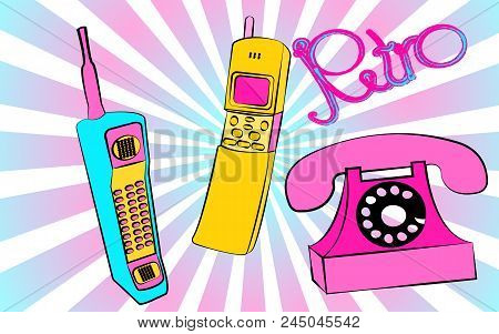 Set Of  Two Old Violet And Blue Retro Retro Vintage Hipster Vintage Square First Mobile Phones With 