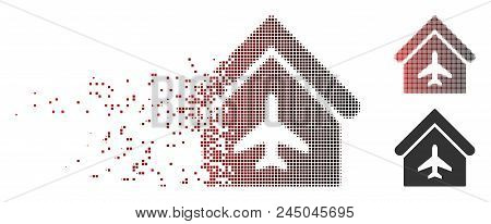 Vector Aircraft Hangar Icon In Sparkle, Pixelated Halftone And Undamaged Whole Variants. Disintegrat