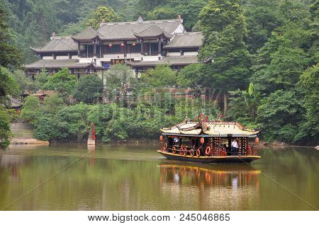 Mount Qingcheng, Sichuan, China - Jun. 21, 2012: Antique Tourism Boat On Yuecheng Lake In Mount Qing