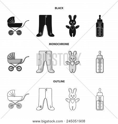 Stroller, Bottle With A Pacifier, Toy, Sliders.baby Born Set Collection Icons In Black, Monochrome, 
