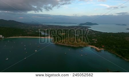 Copter Fly Over The Yachts Moored In A Bay Near
