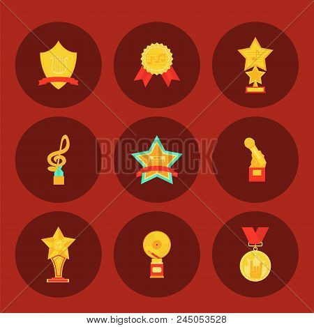 Music Vector Award Statuette Microphone And Notes Entertainment Winner Top Artist Achievement Musicn
