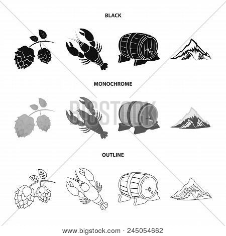 Alps, A Barrel Of Beer, Lobster, Hops. Oktoberfest Set Collection Icons In Black, Monochrome, Outlin