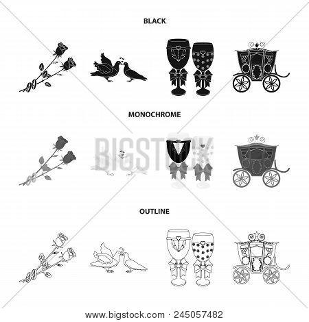 Wedding And Attributes Cartoon , Flat, Outline, Black Icons In Set Collection For Design.newlyweds A